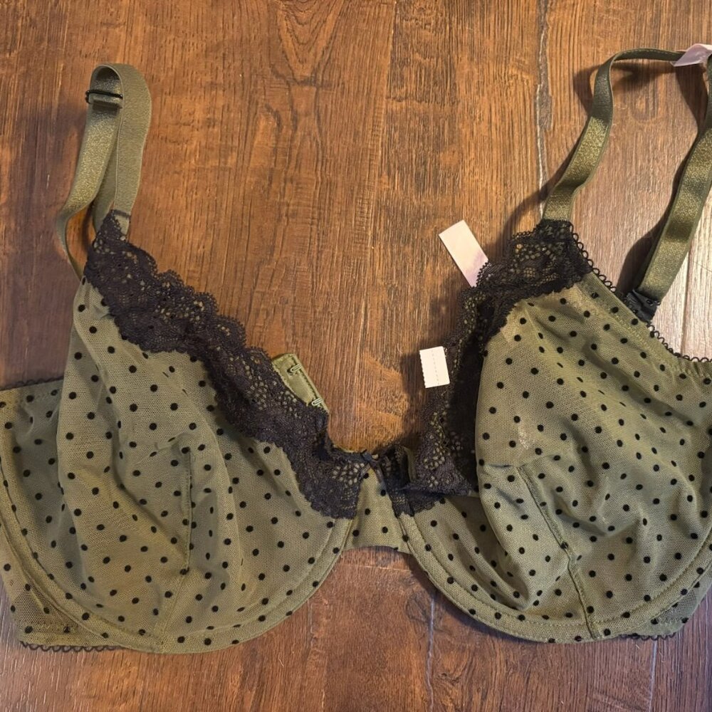 Victoria Secret Unlined Demi Green Polka Dot Mesh Bra